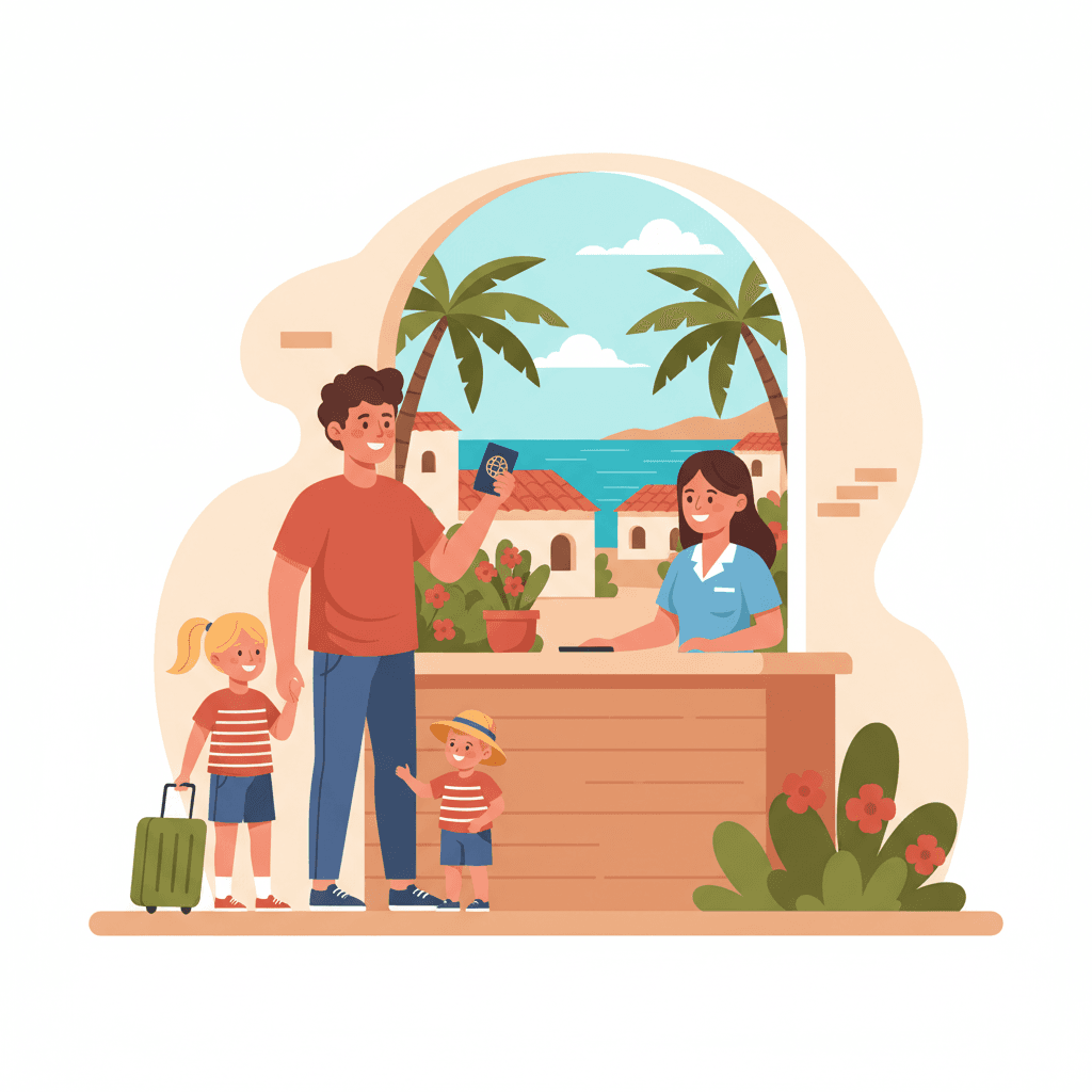 Familia con niños haciendo check-in en un alquiler vacacional, padre con pasaporte y niño con maleta