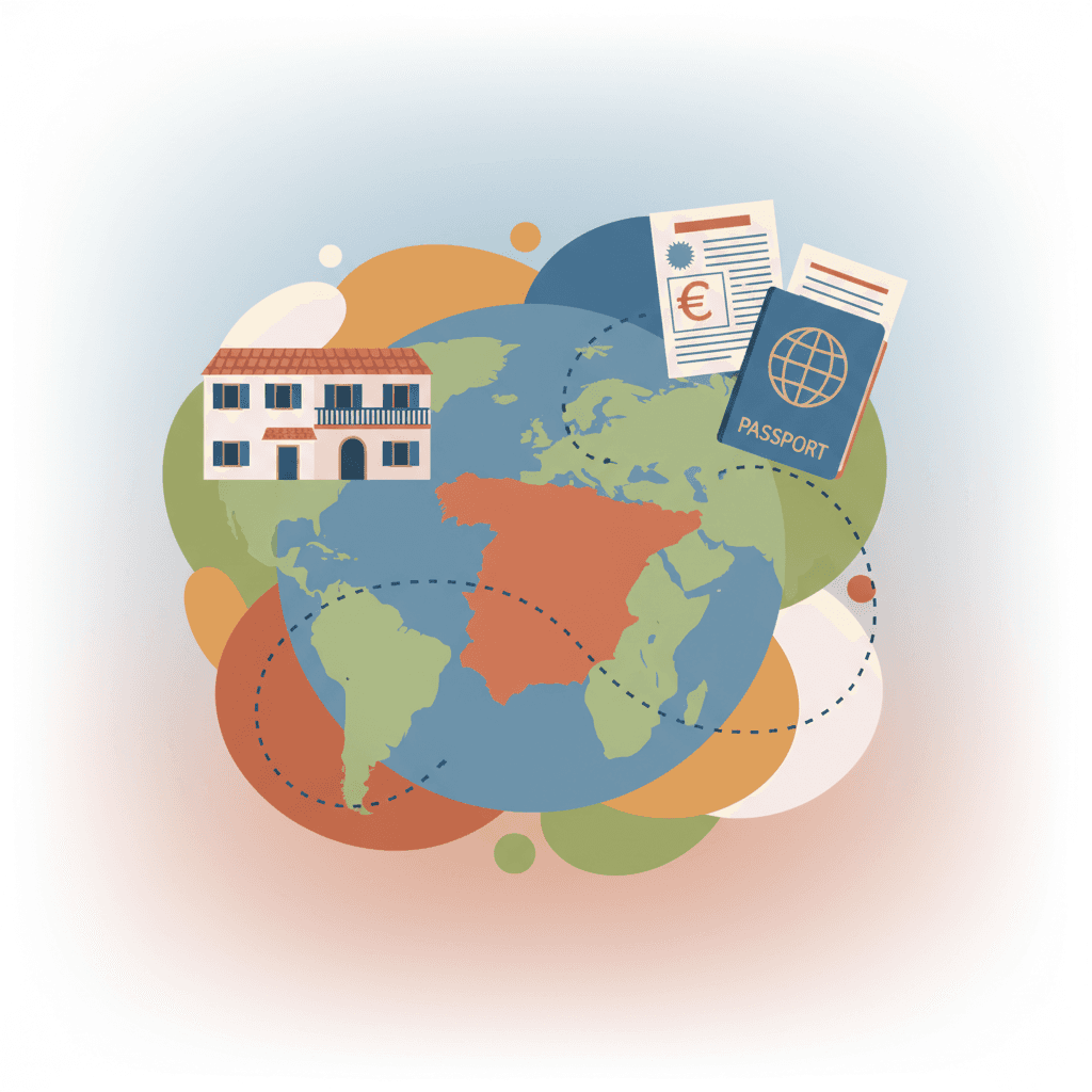 Globo terráqueo con España destacada conectada a un apartamento turístico, pasaporte y documento fiscal