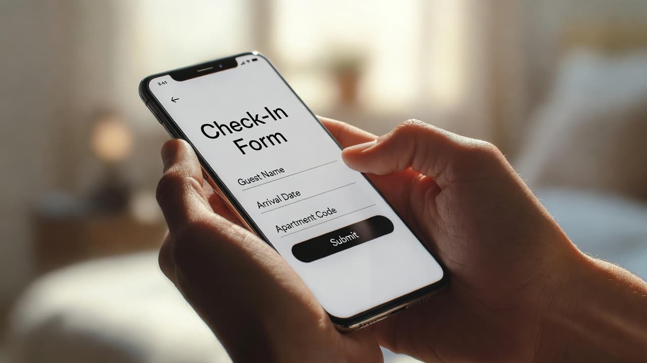 Huésped usando un smartphone para completar el check-in autoservicio en un alquiler vacacional
