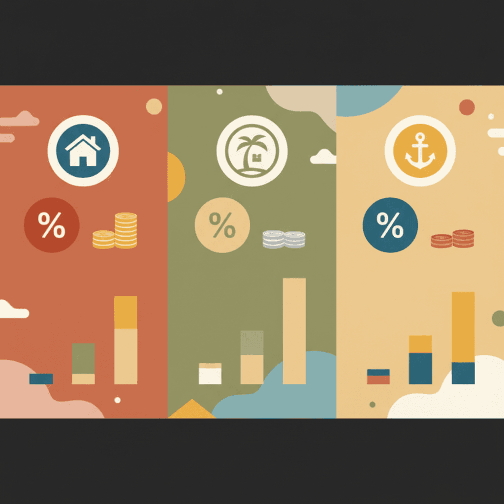 Gráfico comparativo de comisiones de diferentes plataformas de alquiler vacacional con porcentajes y monedas