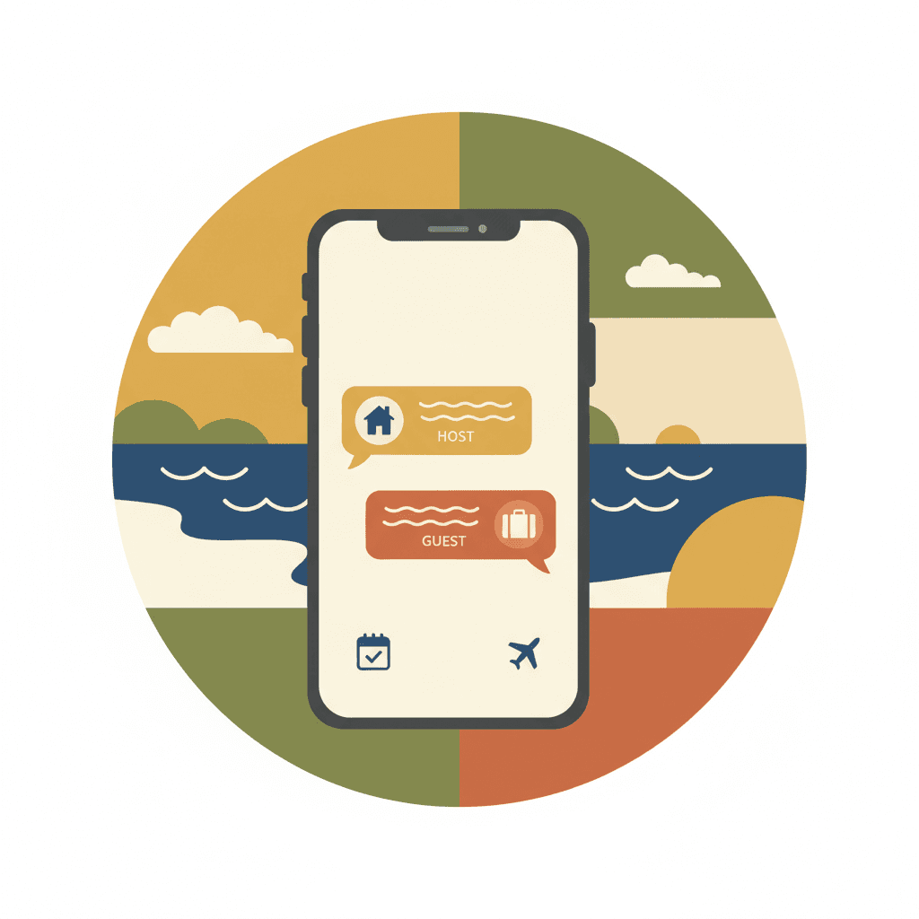 Smartphone mostrando mensajes de chat entre anfitrión y huésped antes de la llegada con calendario y avión