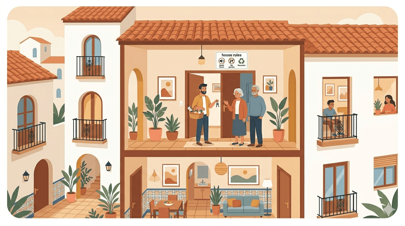 Edificio de apartamentos con vecinos y turistas conviviendo, mostrando señales de normas de convivencia