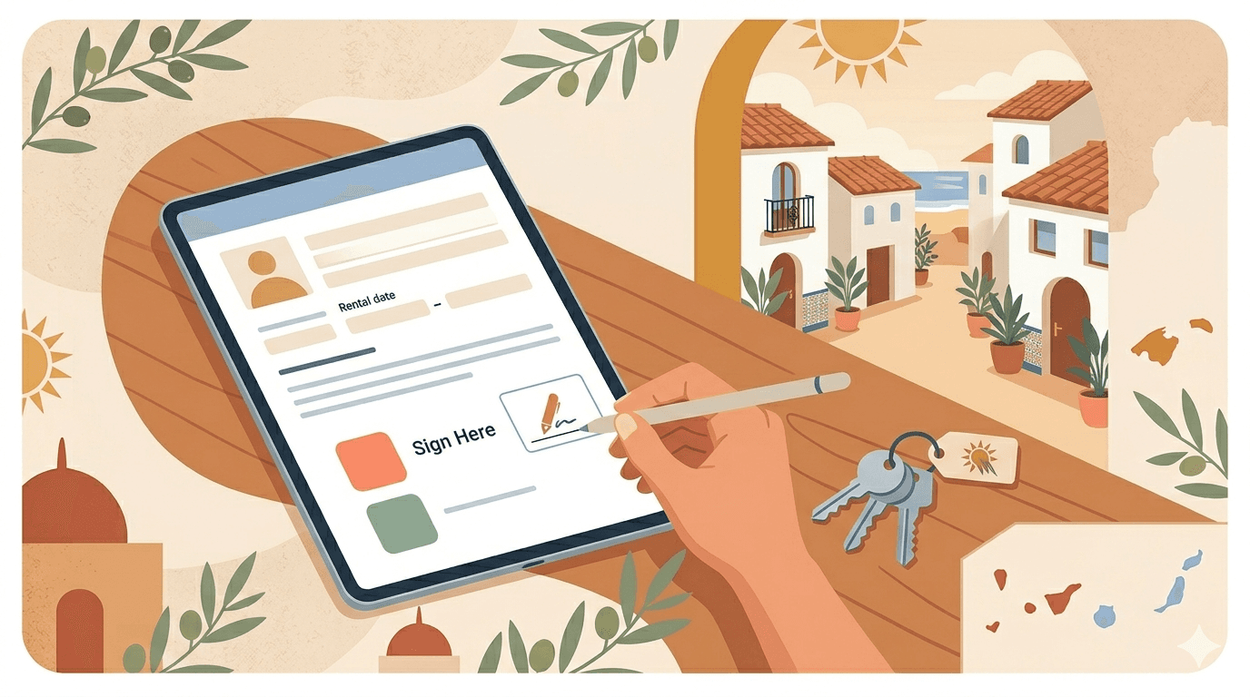 Documento de contrato de alquiler turístico con firma digital junto a llaves de una vivienda vacacional