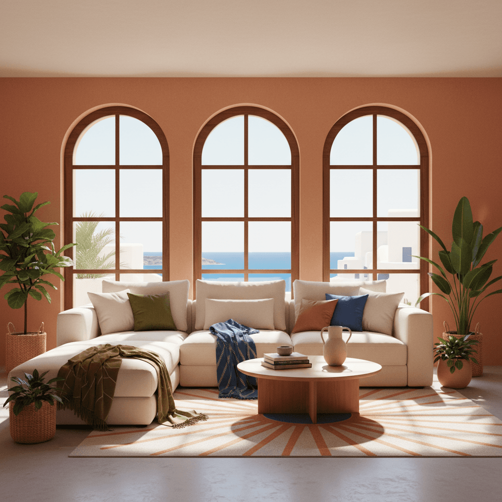 Salón de vivienda turística decorado con estilo mediterráneo moderno, sofá cómodo, plantas y luz natural