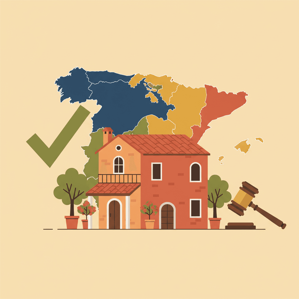 Casa mediterránea española con marca de verificación verde y mazo legal junto a un mapa de España