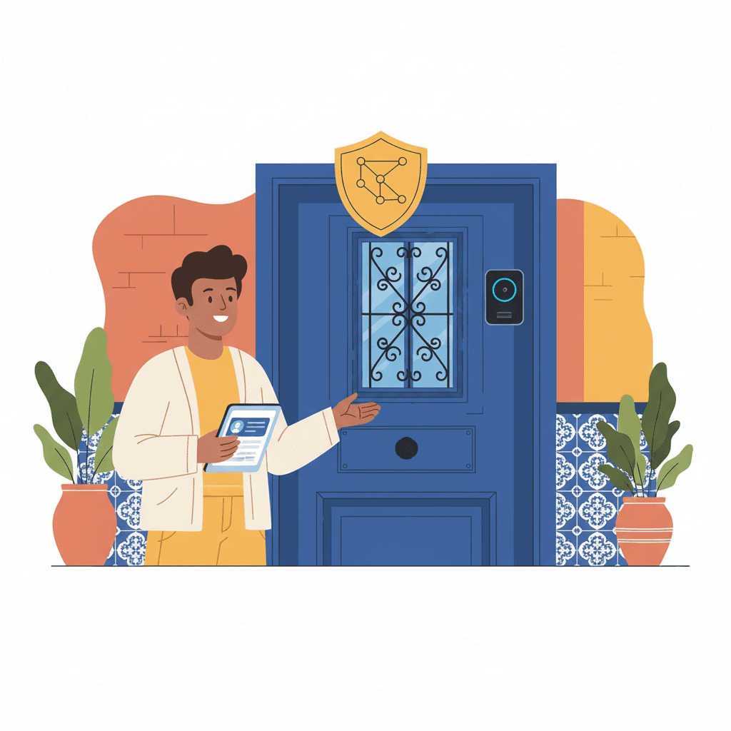 Puerta de apartamento turístico español con cerradura inteligente y escudo de protección
