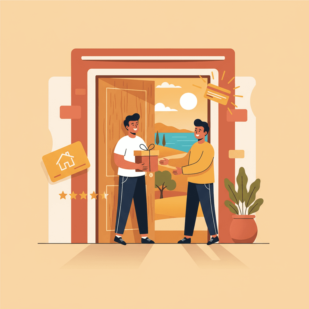 Huésped recibiendo un regalo de bienvenida en la puerta de un alquiler vacacional con símbolos de fidelización