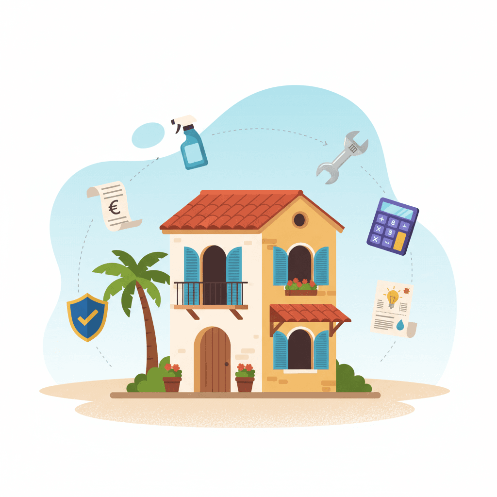 Apartamento turístico español con iconos flotantes de gastos deducibles: recibos, limpieza, reparaciones, seguros
