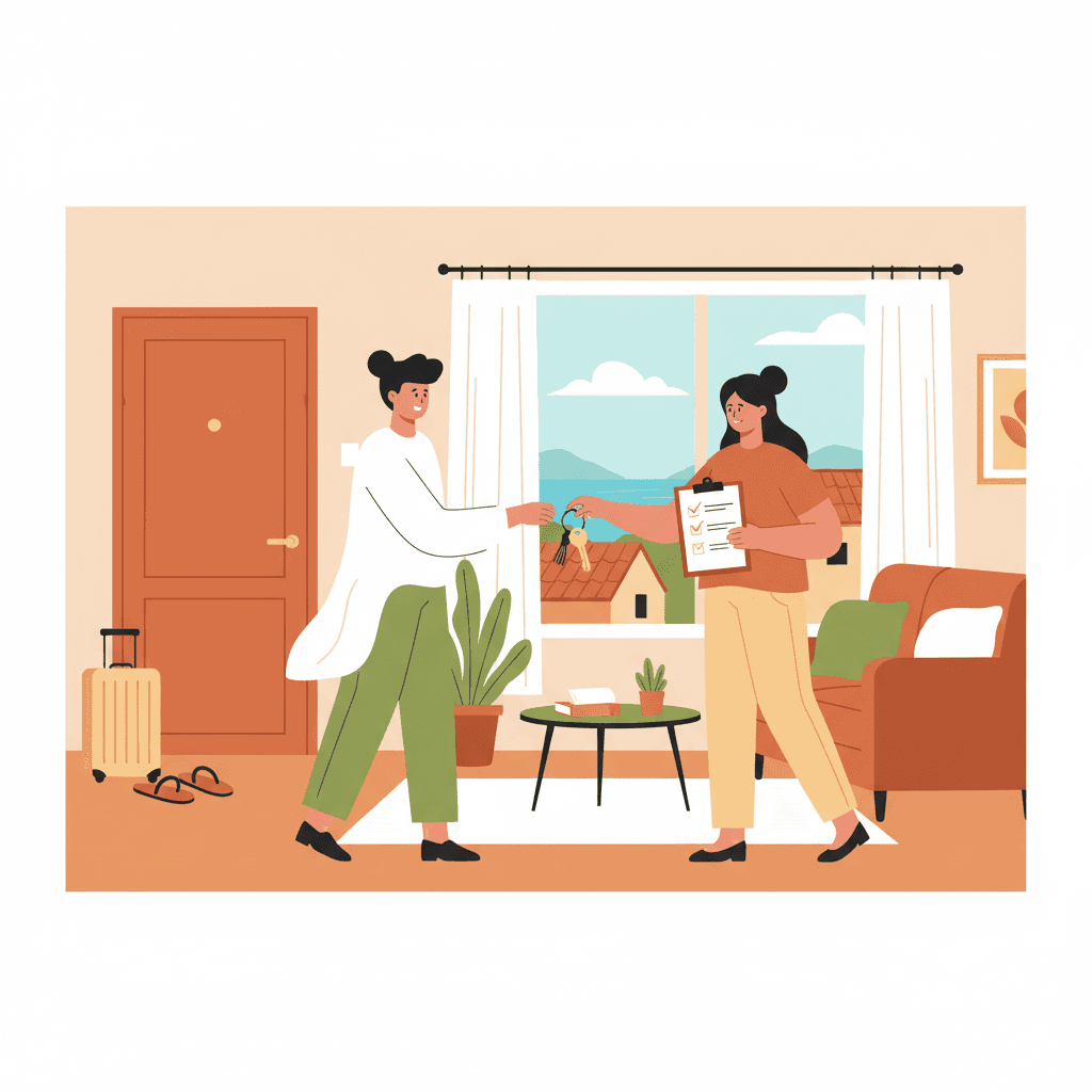 Apartamento vacacional limpio con checklist, llaves y maleta junto a la puerta representando el proceso de check-out