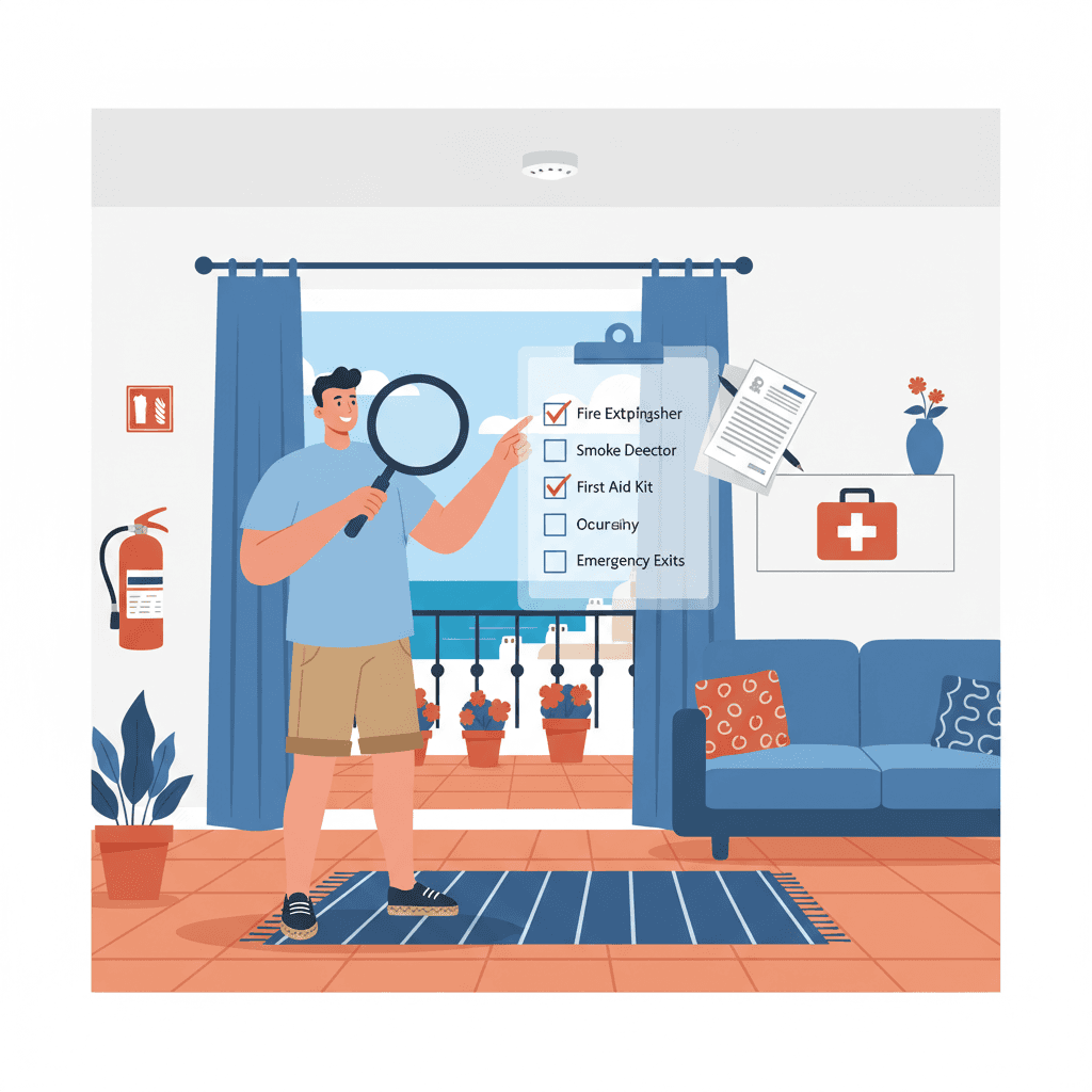 Inspector revisando un apartamento turístico español con portapapeles y lista de verificación