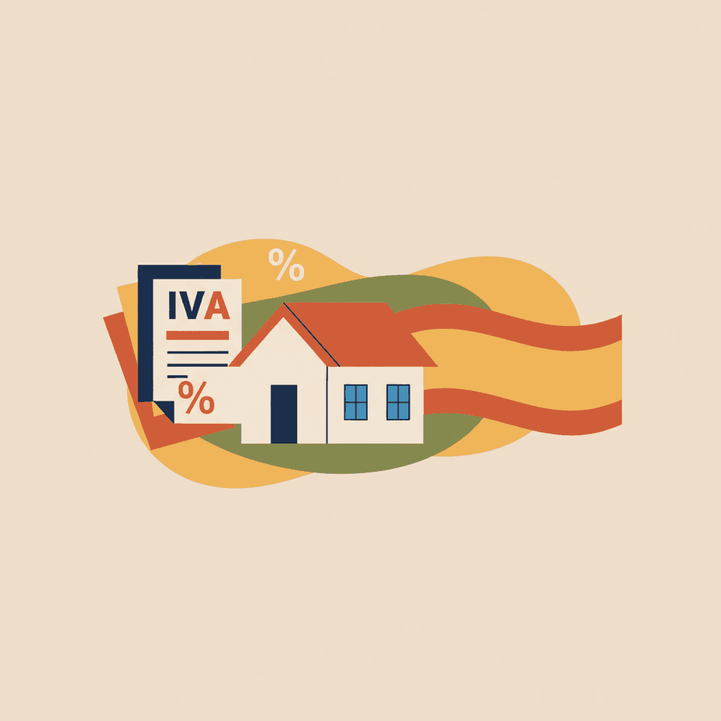Documentos fiscales con símbolos de IVA y porcentajes junto a una vivienda turística y elemento de bandera española