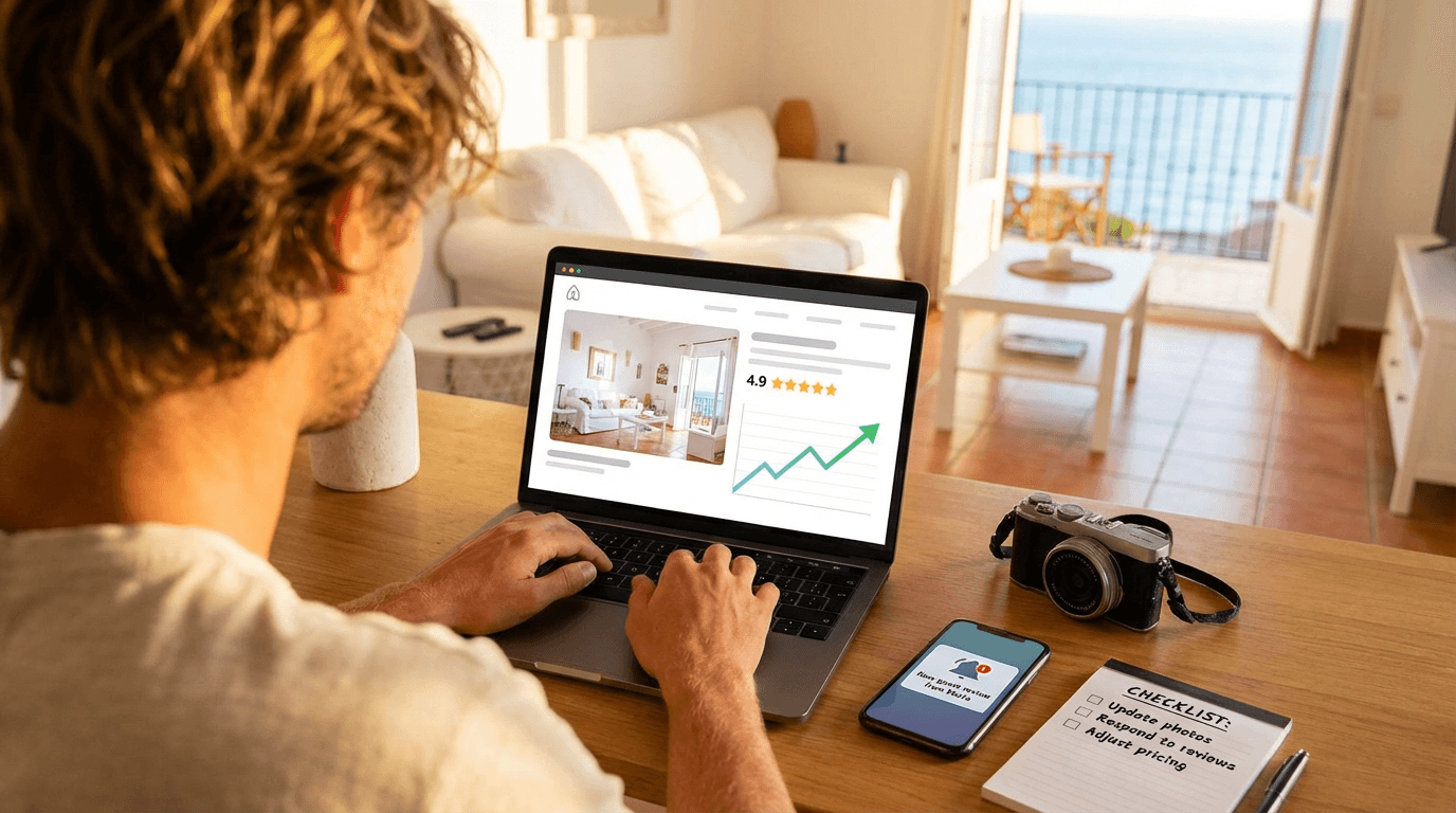 Anfitrión revisando el anuncio de su alquiler vacacional en un portátil
