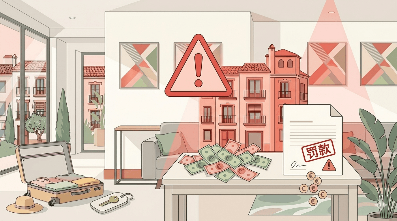 Símbolo de euro con señal de alerta representando las multas por alquiler turístico sin licencia