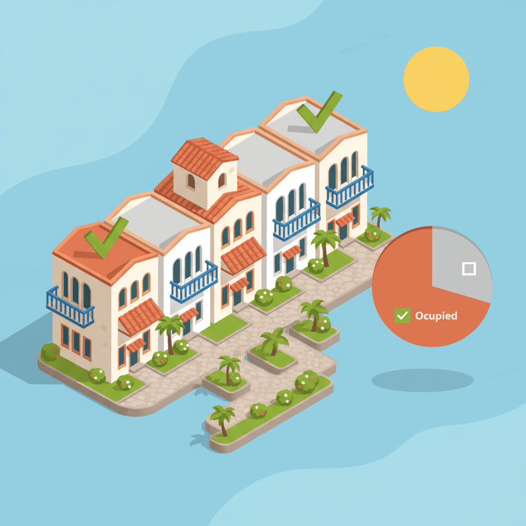 Calendario español con bloques de colores mostrando días ocupados y vacíos junto a un gráfico de barras de ocupación