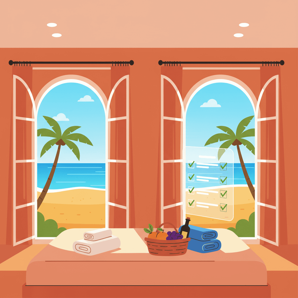 Apartamento turístico español preparado para la temporada alta con toallas, cesta de bienvenida y vista al mar