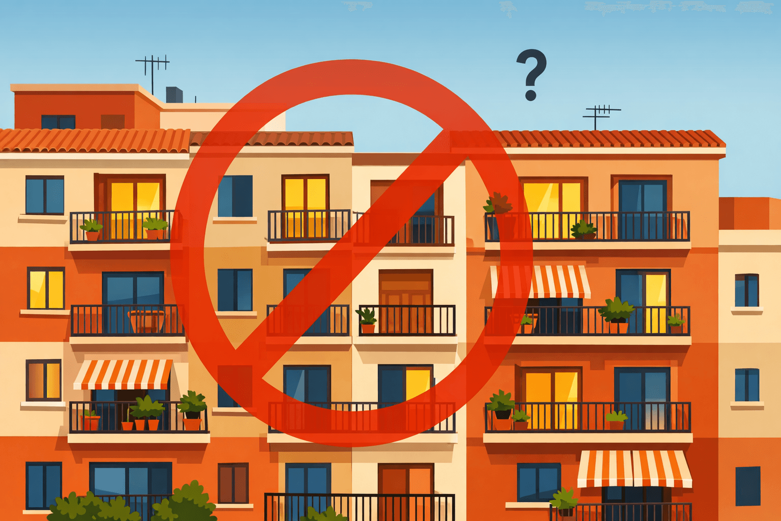 Edificio de apartamentos con señal de prohibición representando restricciones al alquiler turístico en comunidades de propietarios