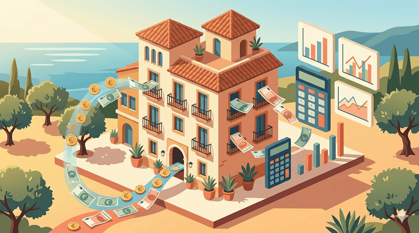 Gráfico de barras comparando ingresos y gastos de un alquiler turístico en diferentes ciudades de España