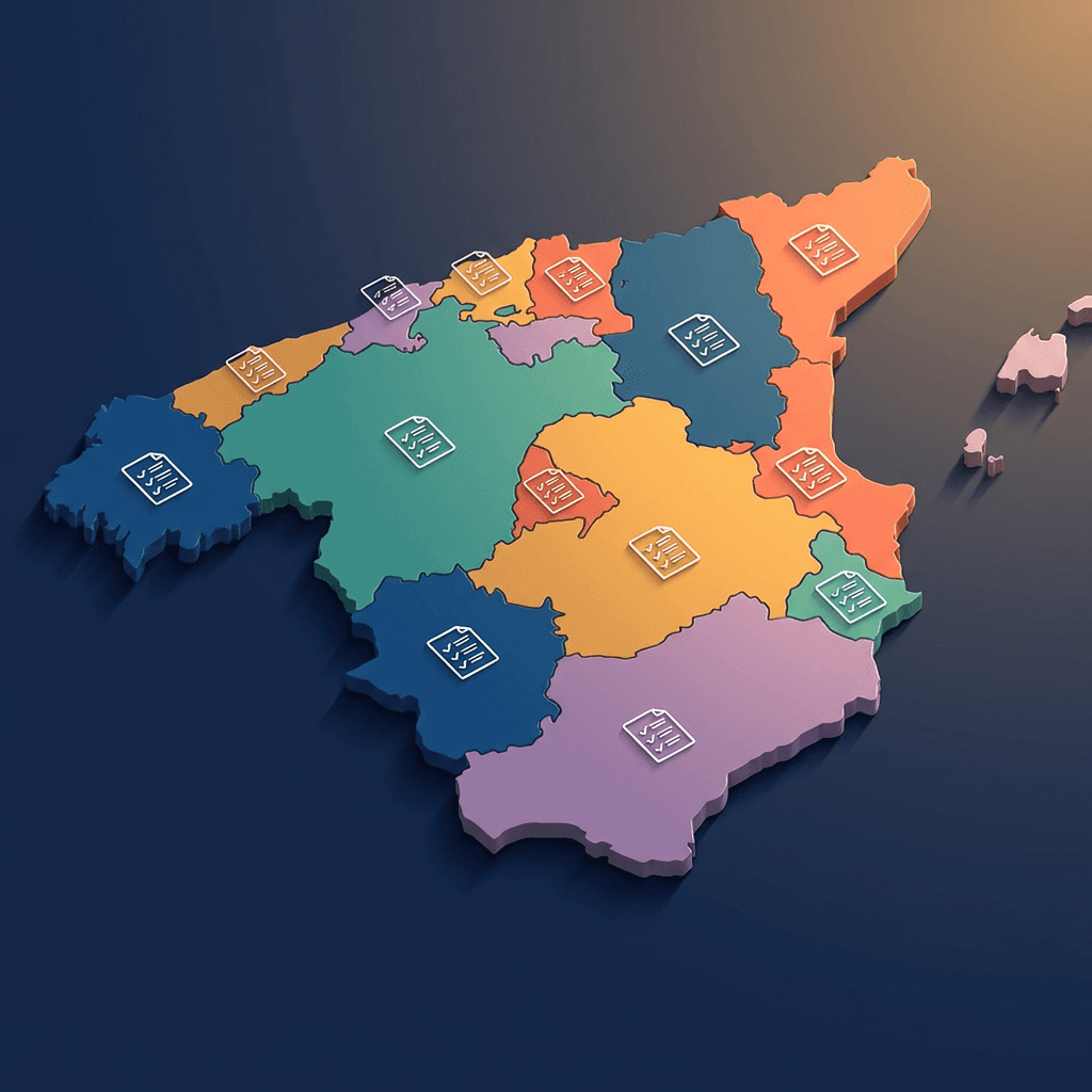 Mapa de España con las diferentes comunidades autónomas y sus normativas de alquiler turístico