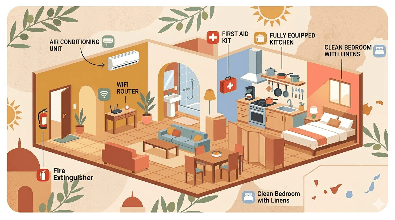 Interior de una vivienda turística equipada mostrando los elementos obligatorios como aire acondicionado, wifi y extintor