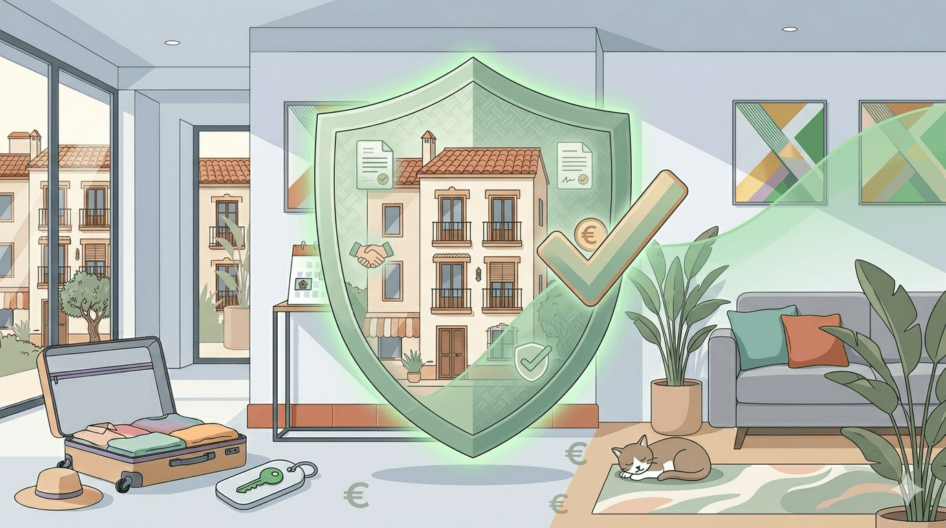 Escudo de protección junto a una vivienda turística representando las coberturas de seguro necesarias