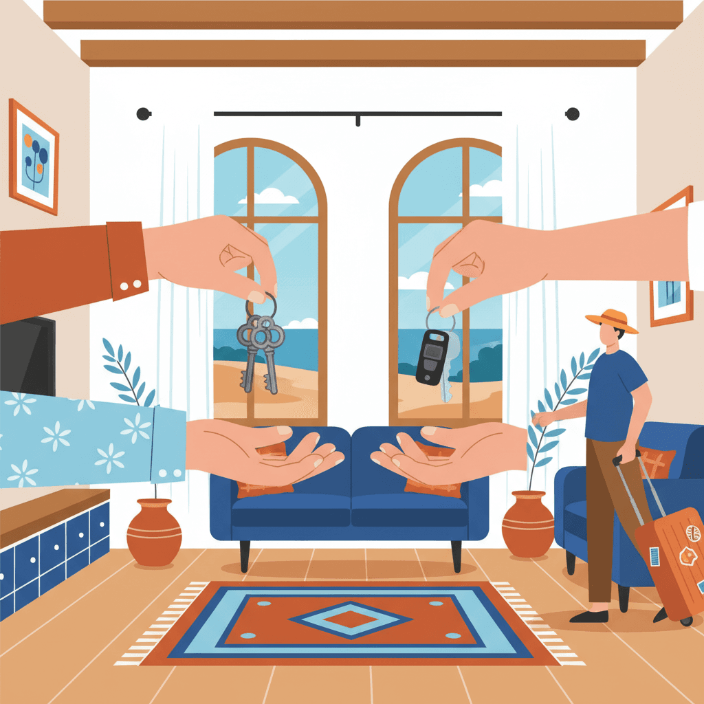 Ilustración de una cadena de llaves pasando de propietario a inquilino y de inquilino a turista en un piso español
