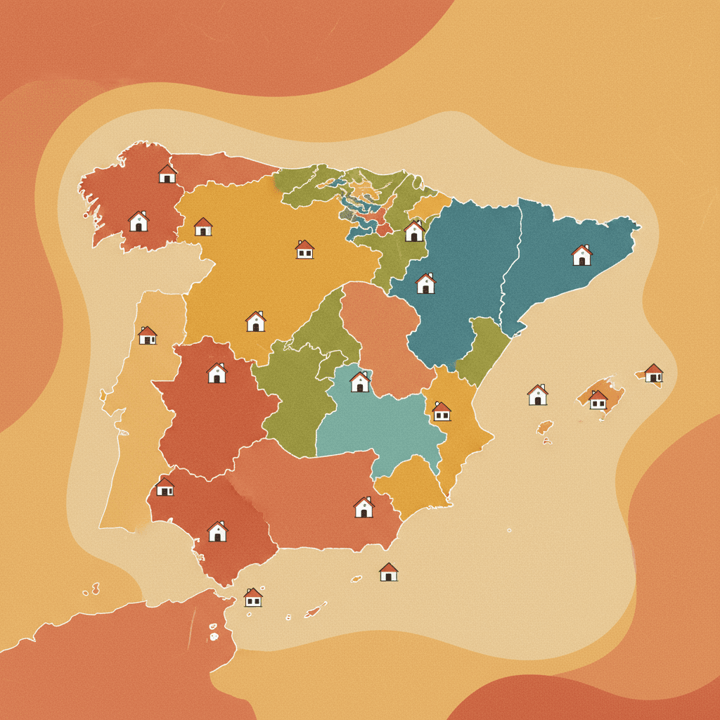 Mapa de España con regiones destacadas mostrando diferentes niveles de rentabilidad para alquiler turístico
