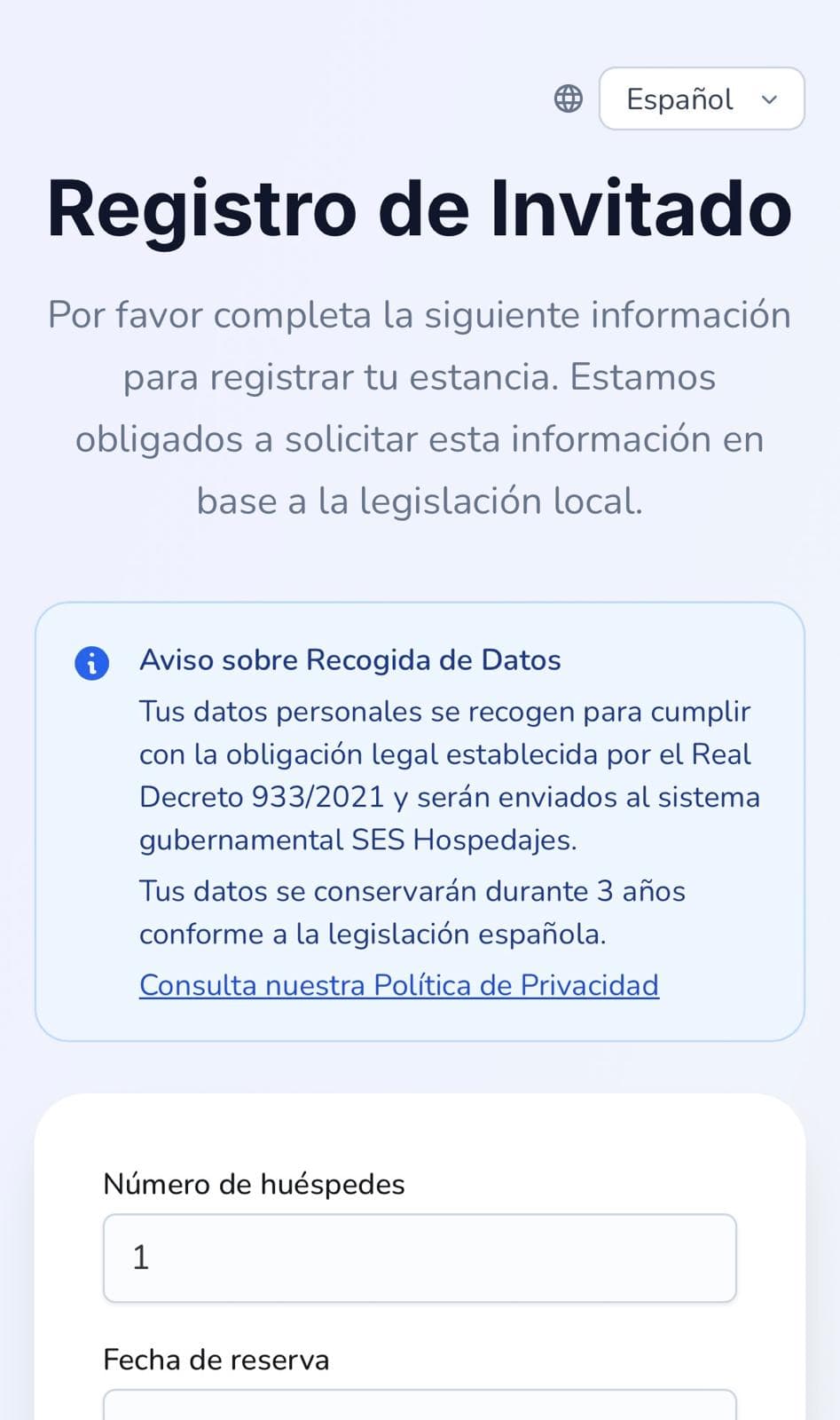 Registration form compliant with Spanish hospitality regulations - UI preview
