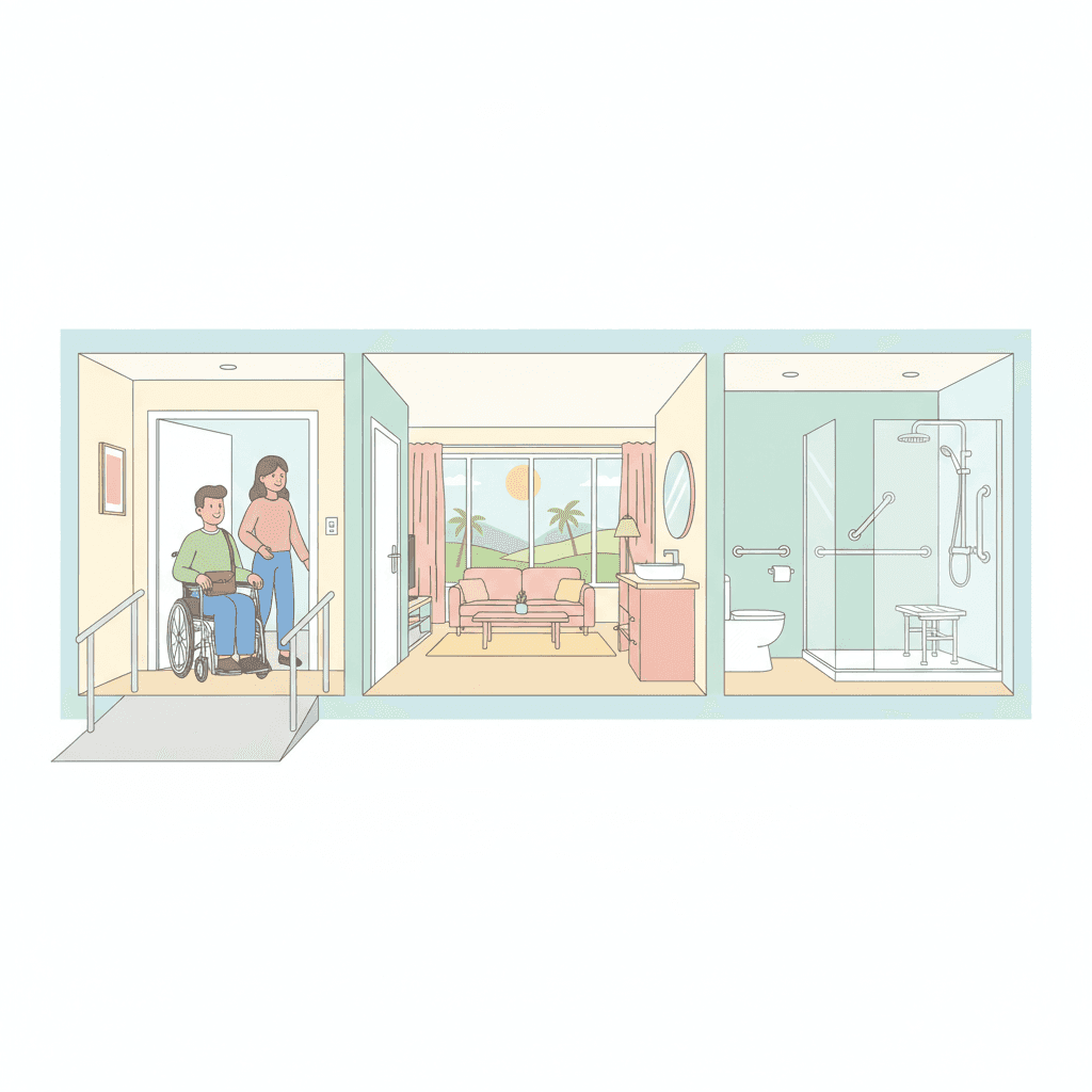 Ilustración de una vivienda turística accesible con rampa de entrada, baño adaptado y símbolos de accesibilidad