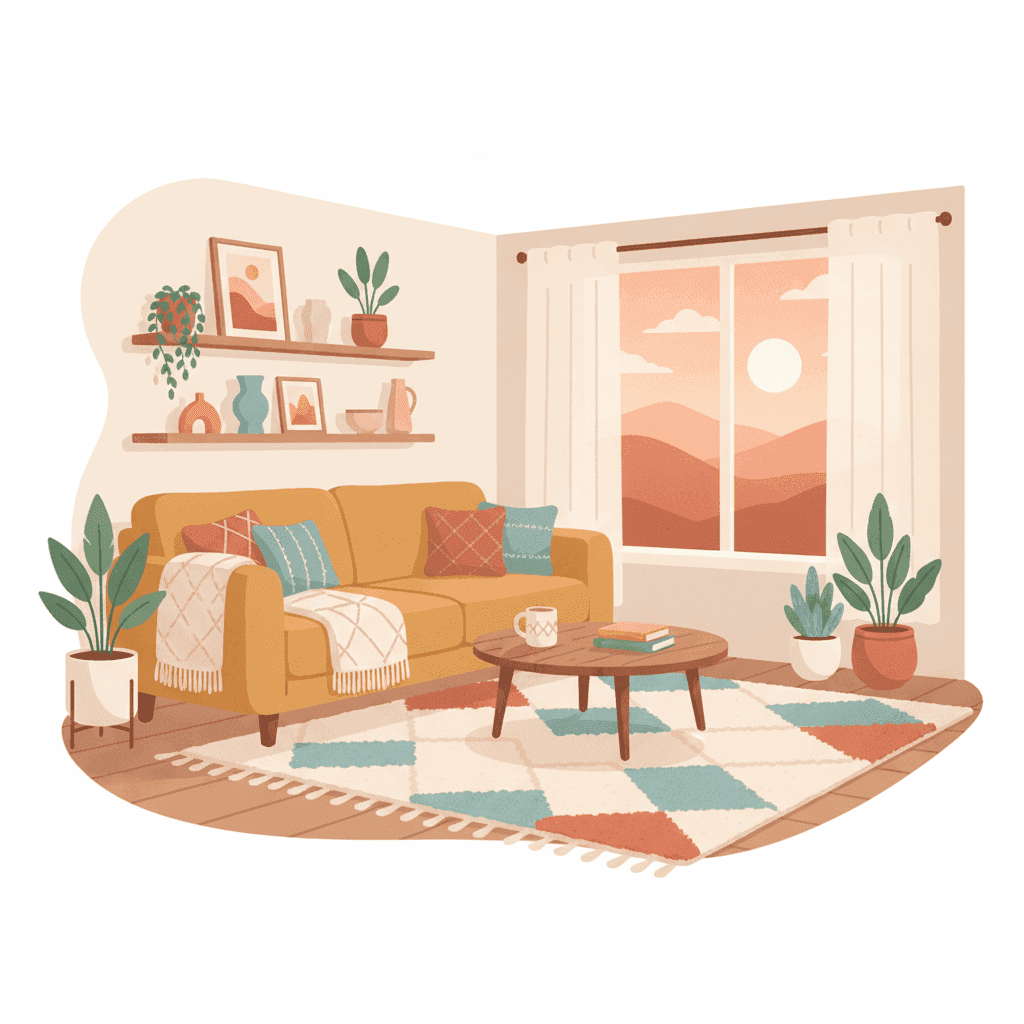 Flat illustration of a vacation rental living room with a carpet under the coffee table and warm decorative elements