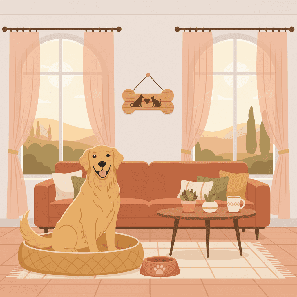 Perro feliz en el salón de un alquiler vacacional acogedor con cama para mascotas y cuenco de comida