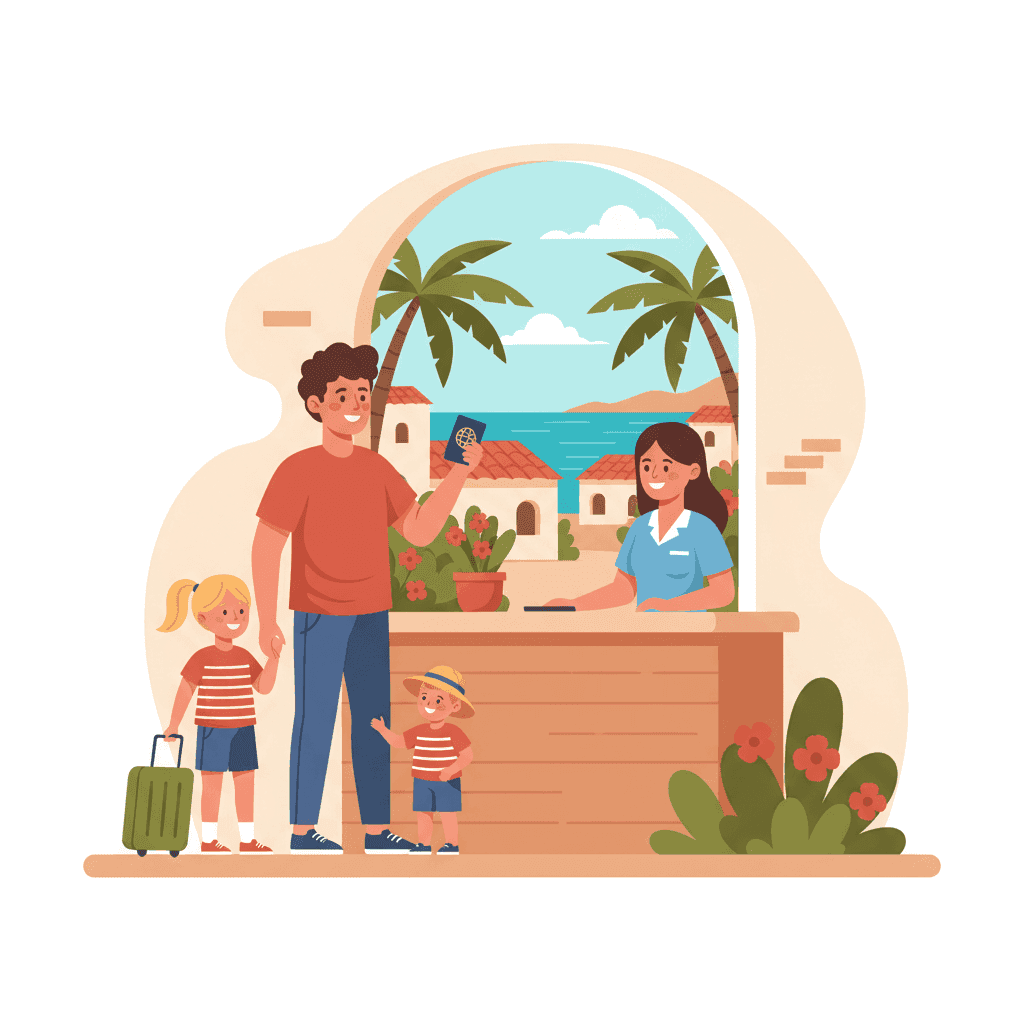 Familia con niños haciendo check-in en un alquiler vacacional, padre con pasaporte y niño con maleta