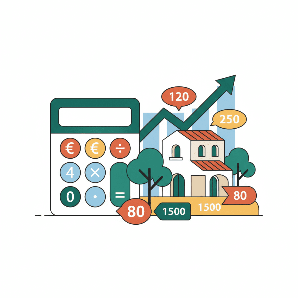 Calculadora con símbolos de euro, propiedad vacacional y etiquetas de precio con gráfico ascendente de fondo