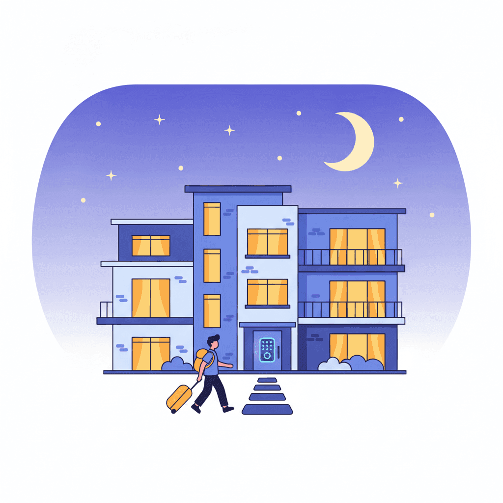 Ilustración de una vivienda turística iluminada por la noche con un huésped llegando con maleta