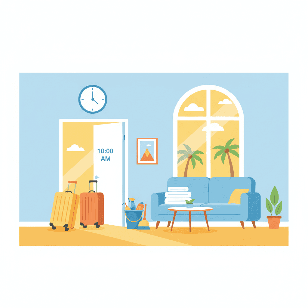 Ilustración plana de una vivienda turística con maletas saliendo por la puerta y un reloj marcando la hora de checkout