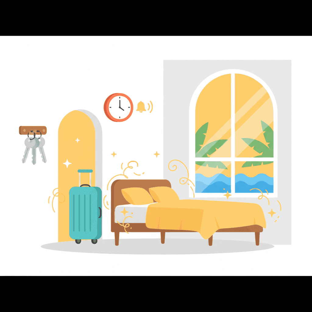 Ilustración plana de una vivienda turística con una maleta saliendo y un reloj marcando la hora de checkout