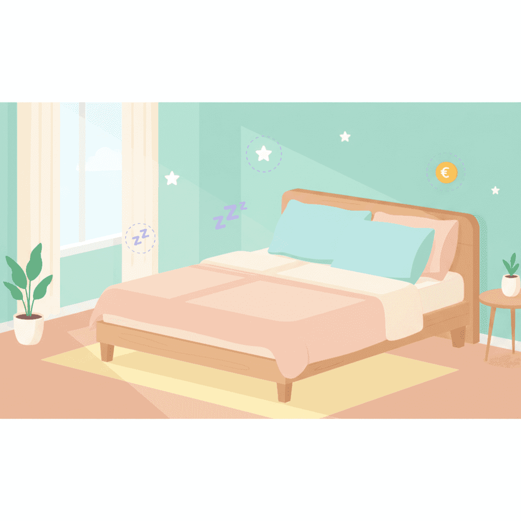 Ilustración plana de un colchón cómodo con almohadas en una habitación de vivienda turística