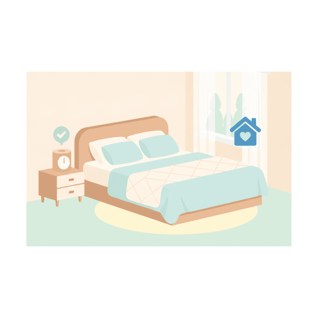 Flat illustration of a bed in a vacation rental with mattress, pillows, and protector