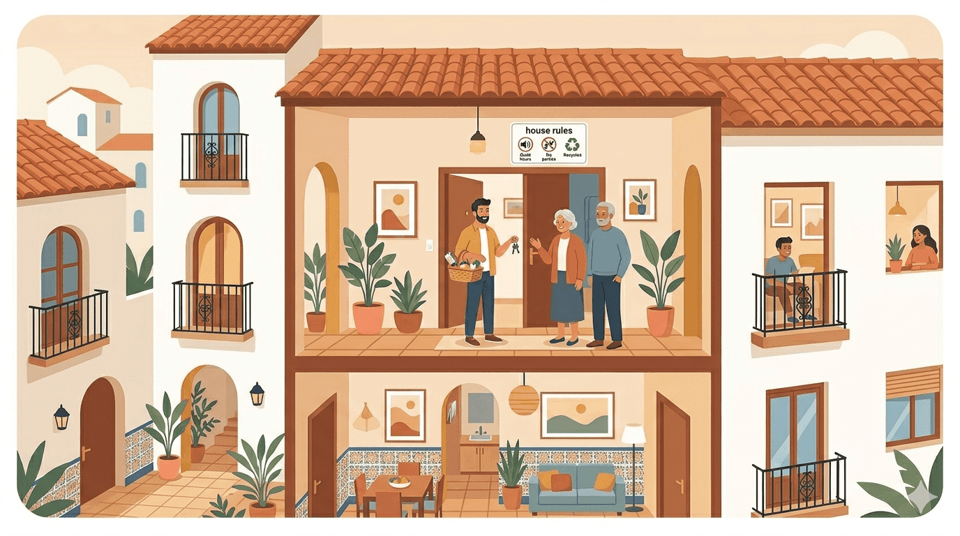 Edificio de apartamentos con vecinos y turistas conviviendo, mostrando señales de normas de convivencia