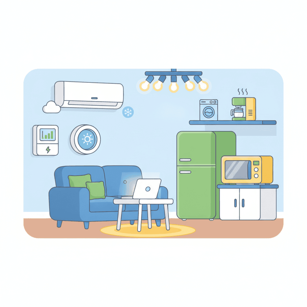 Flat illustration of a vacation home with an electric meter, LED bulbs, and a smart thermostat
