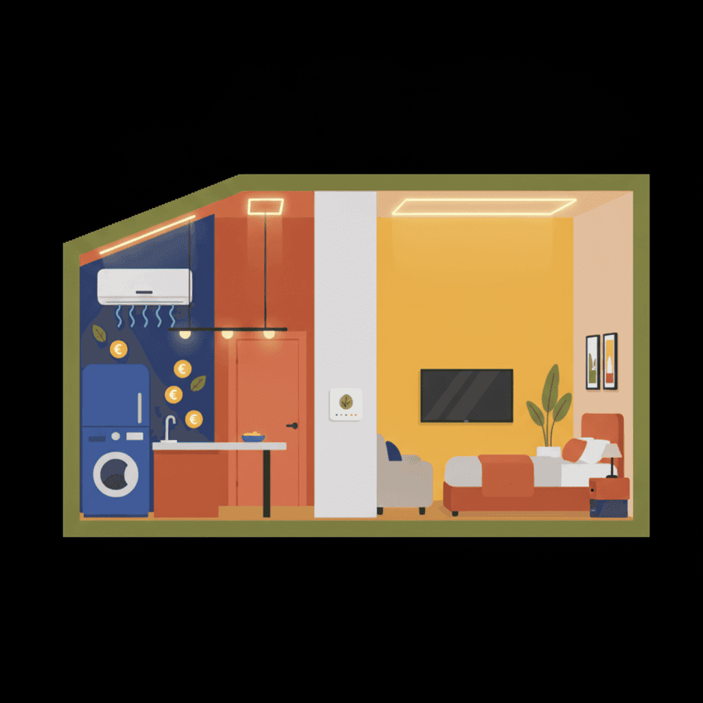 Flat illustration of a holiday rental home with appliances, smart thermostat, and energy-saving symbols