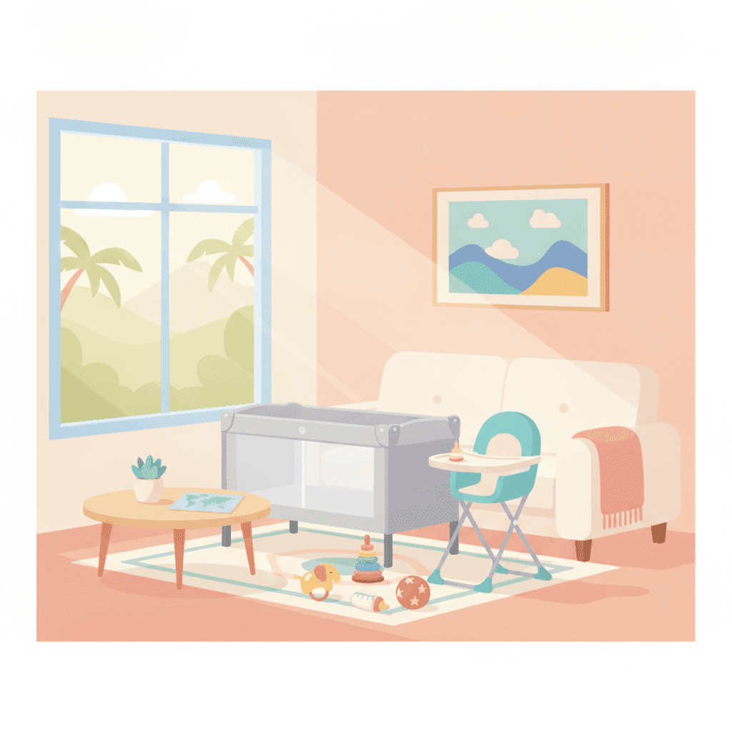 Illustration of a travel crib and a high chair in a vacation rental living room with toys and a baby bottle