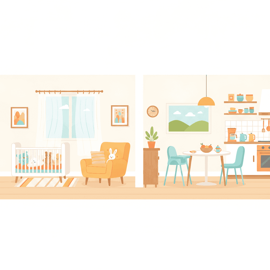 Ilustración plana de una vivienda turística equipada con cuna y trona para familias con bebés