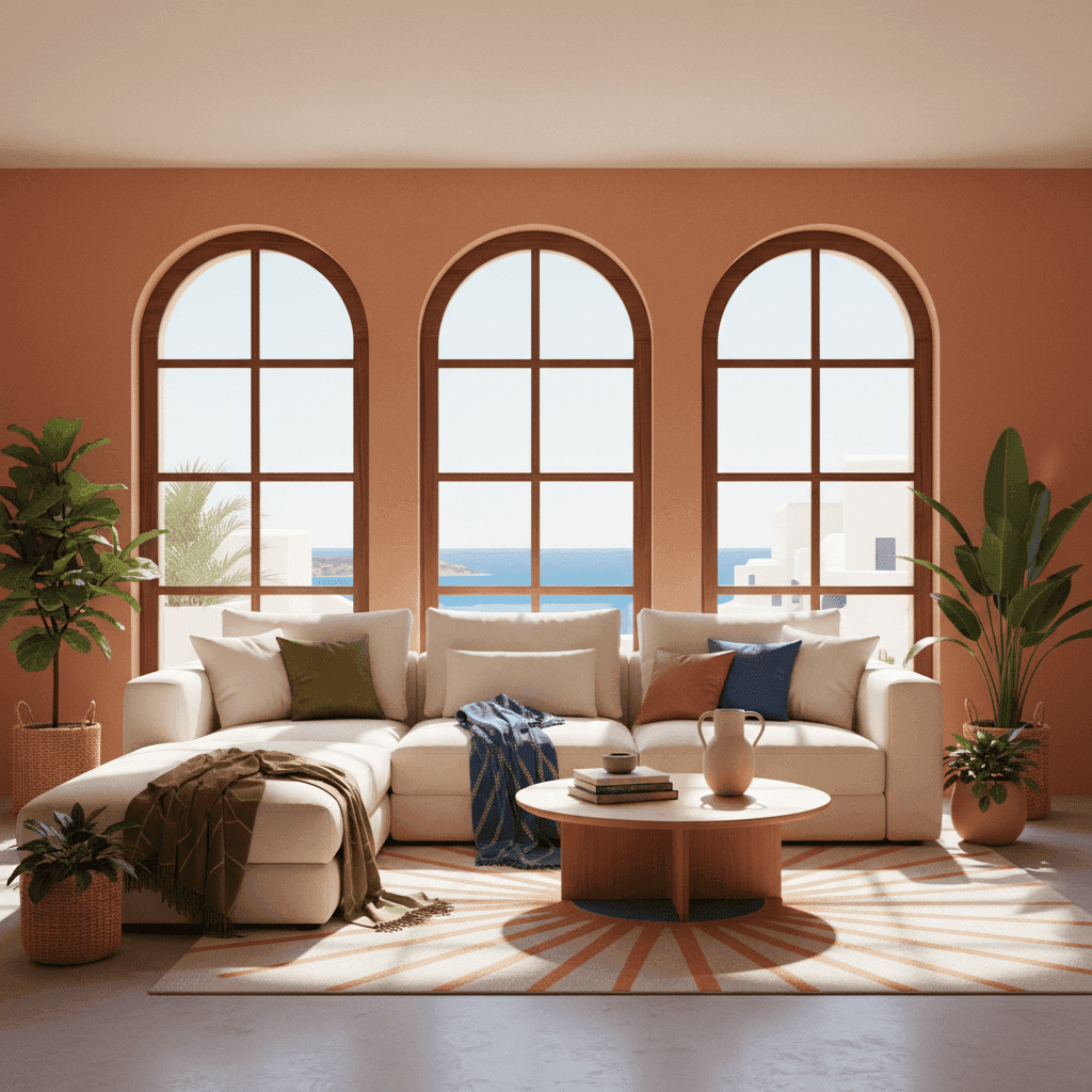 Salón de vivienda turística decorado con estilo mediterráneo moderno, sofá cómodo, plantas y luz natural