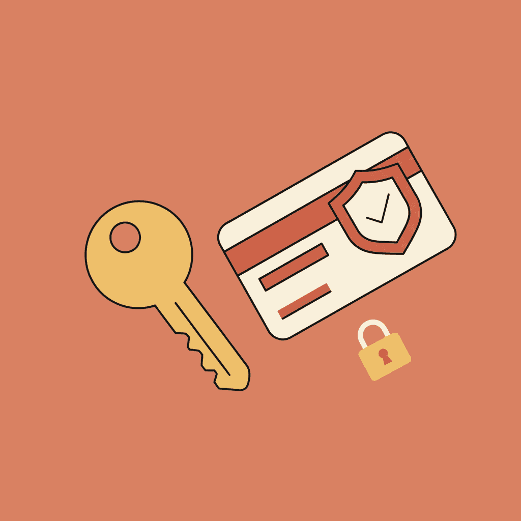 Ilustración de una llave, una tarjeta de crédito y un candado representando el depósito de garantía en una vivienda turística