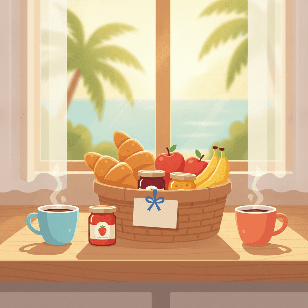 Ilustración de una cesta de desayuno con café, fruta y pan en una vivienda turística