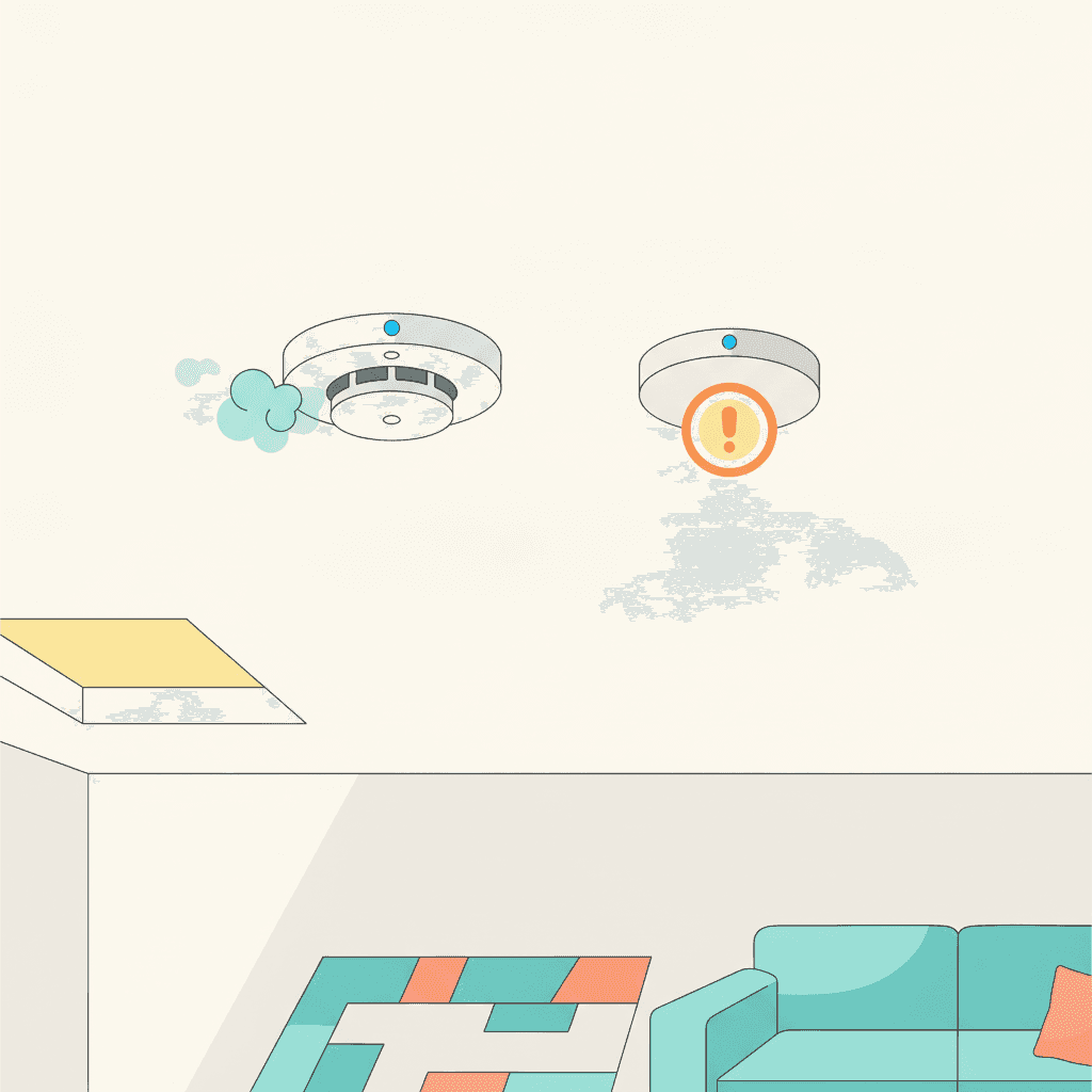 Flat illustration of a smoke and carbon monoxide detector installed on the ceiling of a vacation home