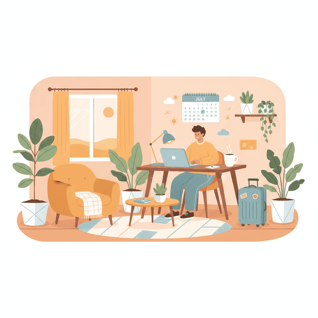 Ilustración de una vivienda turística con un huésped trabajando con su portátil durante una estancia larga