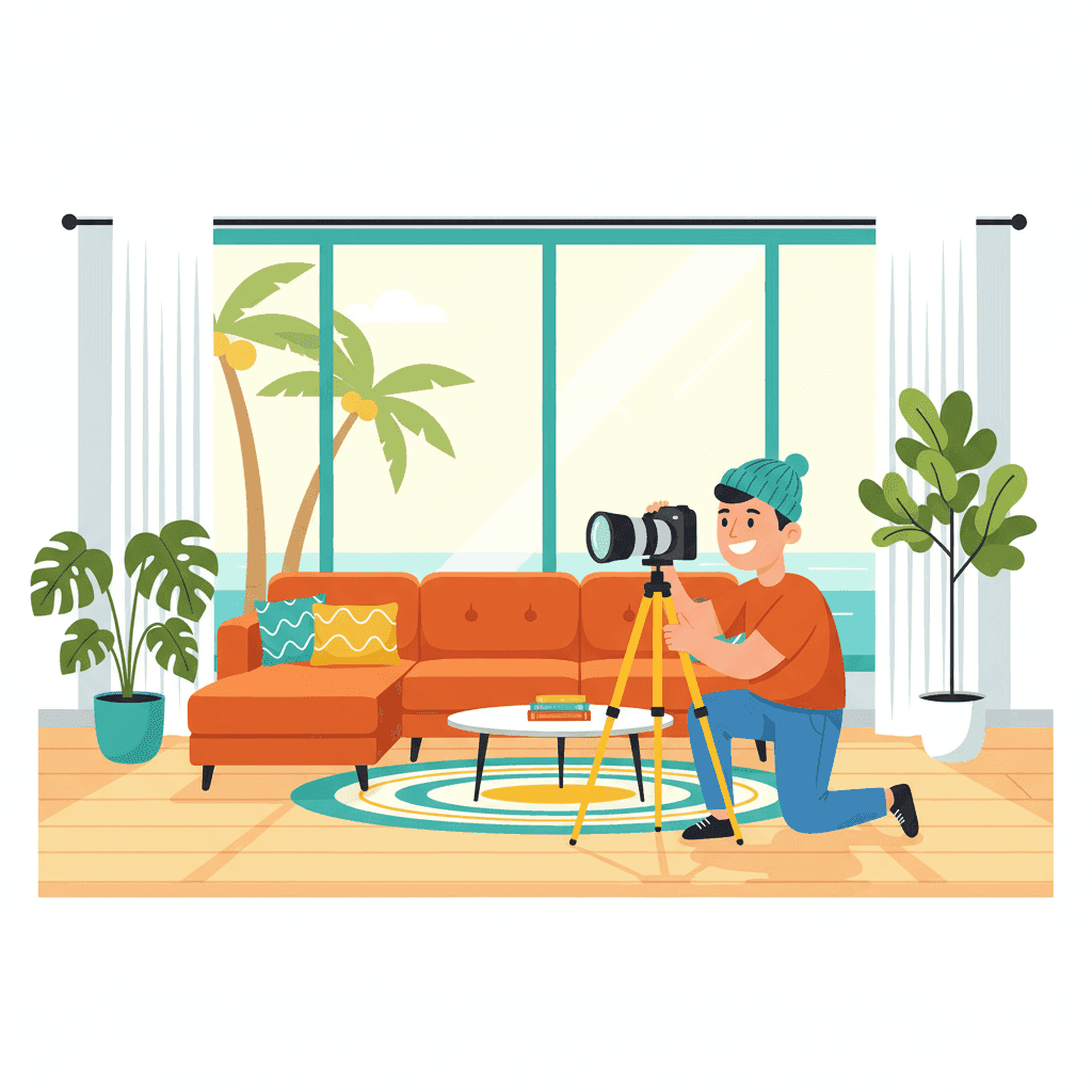 Ilustracion de un fotografo profesional haciendo fotos a un salon luminoso de una vivienda turistica