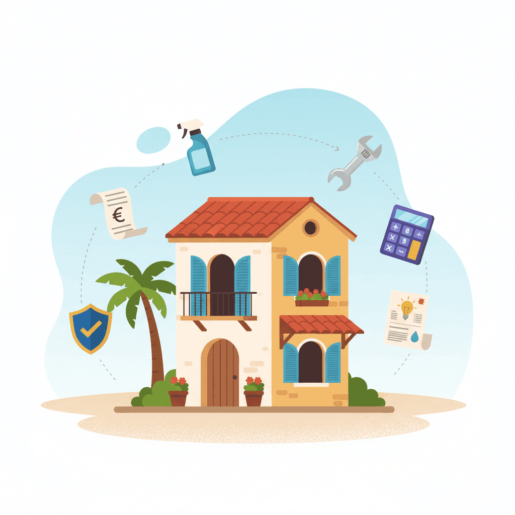 Apartamento turístico español con iconos flotantes de gastos deducibles: recibos, limpieza, reparaciones, seguros