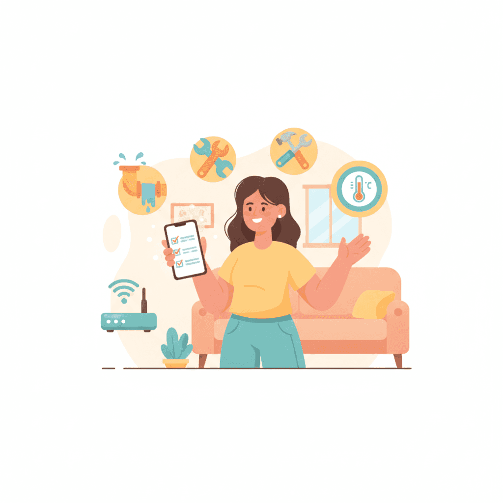Ilustración de un propietario gestionando una avería en su vivienda turística con herramientas y móvil